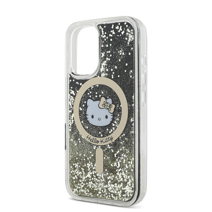 iPhone 16 Kılıf Hello Kitty Orijinal Lisanslı M-safe Şarj Özellikli IML Baskı Kitty Head Logolu Sıvılı Simli Altın Ateşi Kılıf