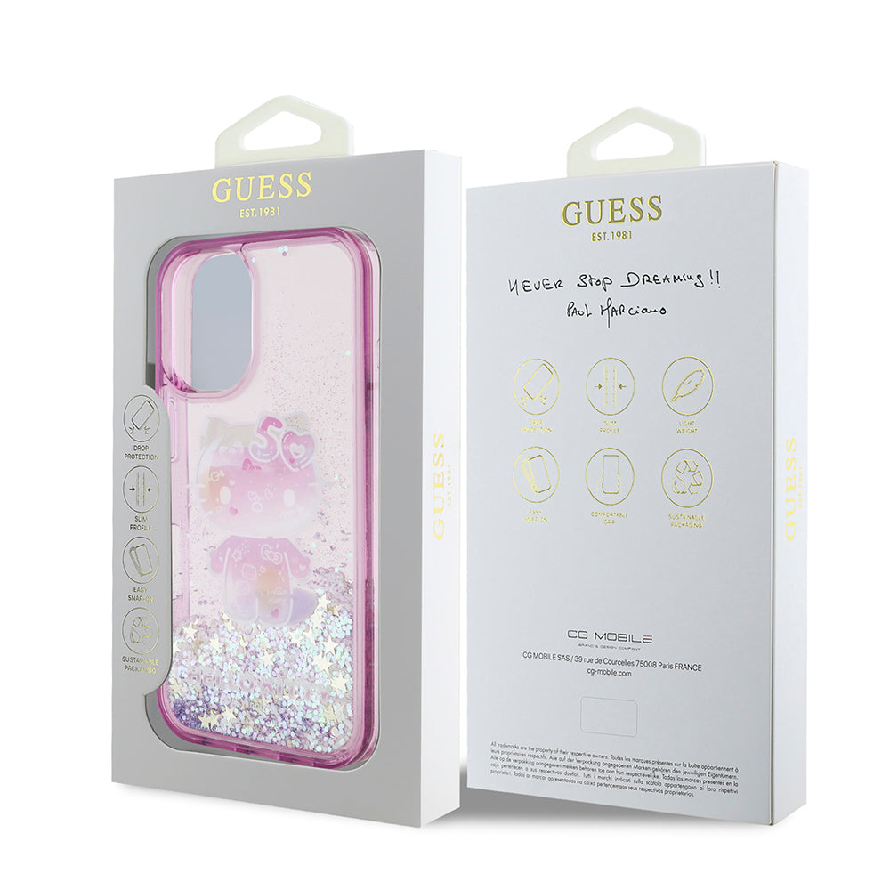 iPhone 16 Kılıf Hello Kitty Orijinal Lisanslı Sıvılı Simli 50. Yıldönümü Partisi Kılıf