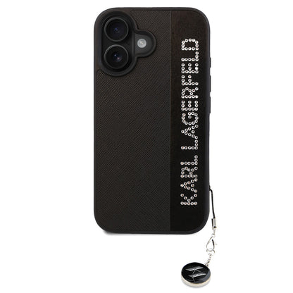 iPhone 16 Kılıf Karl Lagerfeld Orijinal Lisanslı Anahtarlıklı Taşlı KL Yazılı Saffiano Rhinestones Kılıf