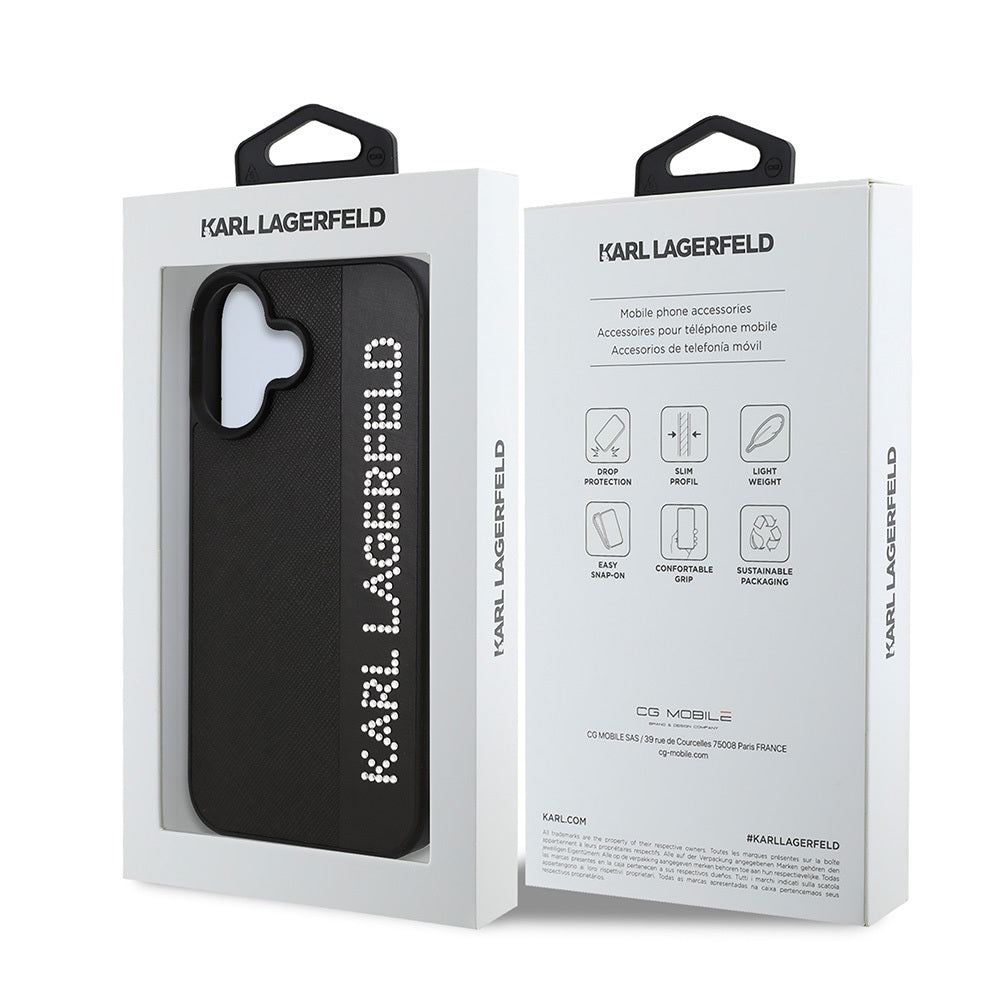 iPhone 16 Kılıf Karl Lagerfeld Orijinal Lisanslı Anahtarlıklı Taşlı KL Yazılı Saffiano Rhinestones Kılıf