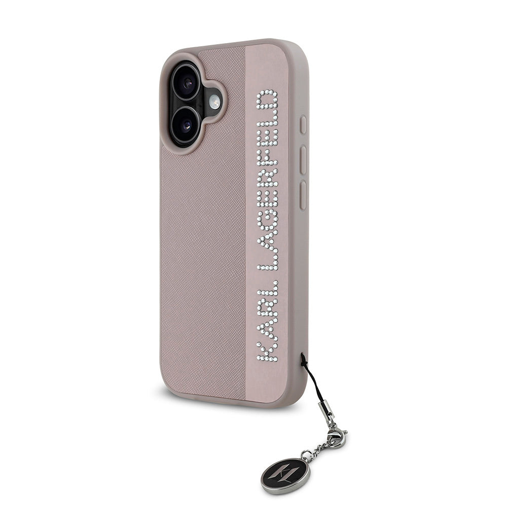iPhone 16 Kılıf Karl Lagerfeld Orijinal Lisanslı Anahtarlıklı Taşlı KL Yazılı Saffiano Rhinestones Kılıf