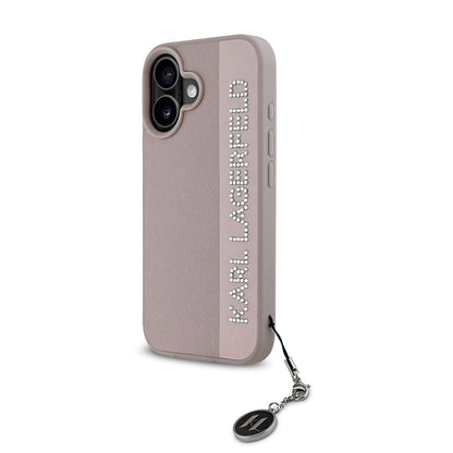 iPhone 16 Kılıf Karl Lagerfeld Orijinal Lisanslı Anahtarlıklı Taşlı KL Yazılı Saffiano Rhinestones Kılıf