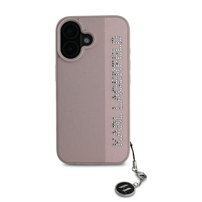 iPhone 16 Kılıf Karl Lagerfeld Orijinal Lisanslı Anahtarlıklı Taşlı KL Yazılı Saffiano Rhinestones Kılıf