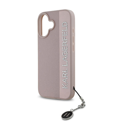iPhone 16 Kılıf Karl Lagerfeld Orijinal Lisanslı Anahtarlıklı Taşlı KL Yazılı Saffiano Rhinestones Kılıf