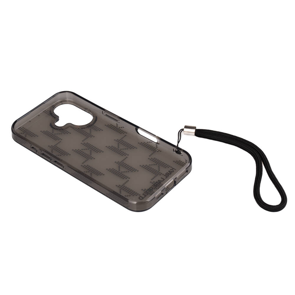 iPhone 16 Kılıf Karl Lagerfeld Orijinal Lisanslı KL Desenli Saydam Bilek Askı İpli Klasik Logolu Kılıf