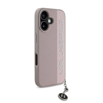 iPhone 16 Kılıf Karl Lagerfeld orijinal Lisanslı Anahtarlıklı Taşlı KL Yazılı Saffiano Rhinestones Kılıf
