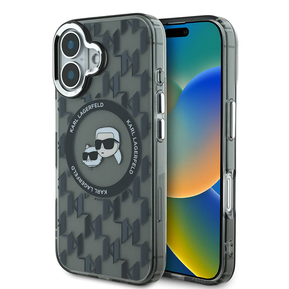 iPhone 16 Kılıf Karl Lagerfeld orijinal Lisanslı M-safe Şarj Özellikli IML Baskılı Metal Monogram KC Heads Kılıf