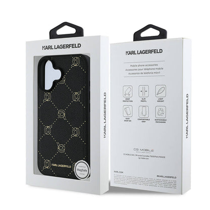 iPhone 16 Kılıf Karl Lagerfeld orijinal Lisanslı M-safe Şarj Özellikli PU Deri Karl Heads Desenli Klasik Logolu Kılıf