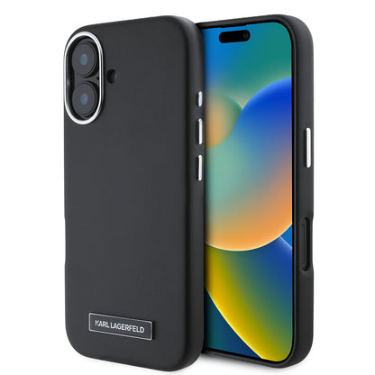 iPhone 16 Kılıf Karl Lagerfeld orijinal Lisanslı M-safe Şarj Özellikli Metal Kamera ve Buton Tasarımlı Plaka Logolu PU Deri Kılıf