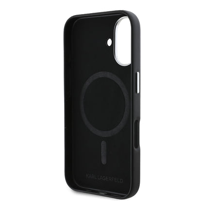 iPhone 16 Kılıf Karl Lagerfeld orijinal Lisanslı M-safe Şarj Özellikli Metal Kamera ve Buton Tasarımlı Plaka Logolu PU Deri Kılıf
