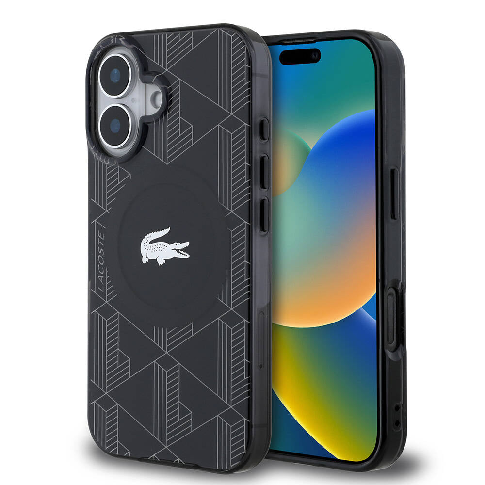 iPhone 16 Kılıf Lacoste orijinal Lisanslı M-safe Şarj Özellikli IML Baskılı Gümüş Timsah Logolu Monogram Kılıf