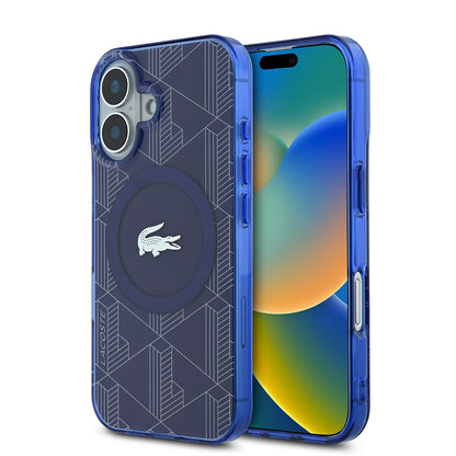 iPhone 16 Kılıf Lacoste orijinal Lisanslı M-safe Şarj Özellikli IML Baskılı Gümüş Timsah Logolu Monogram Kılıf