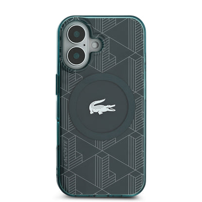 iPhone 16 Kılıf Lacoste orijinal Lisanslı M-safe Şarj Özellikli IML Baskılı Gümüş Timsah Logolu Monogram Kılıf