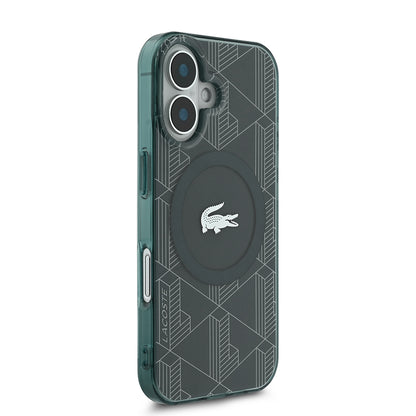 iPhone 16 Kılıf Lacoste orijinal Lisanslı M-safe Şarj Özellikli IML Baskılı Gümüş Timsah Logolu Monogram Kılıf