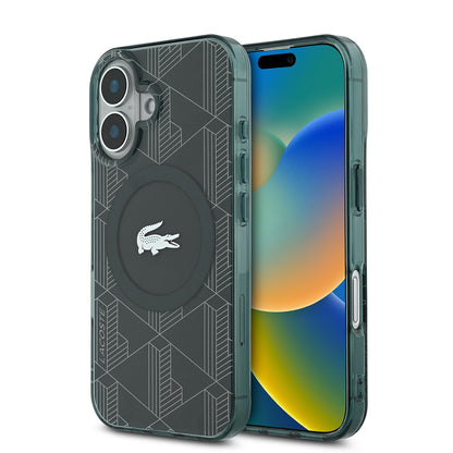 iPhone 16 Kılıf Lacoste orijinal Lisanslı M-safe Şarj Özellikli IML Baskılı Gümüş Timsah Logolu Monogram Kılıf