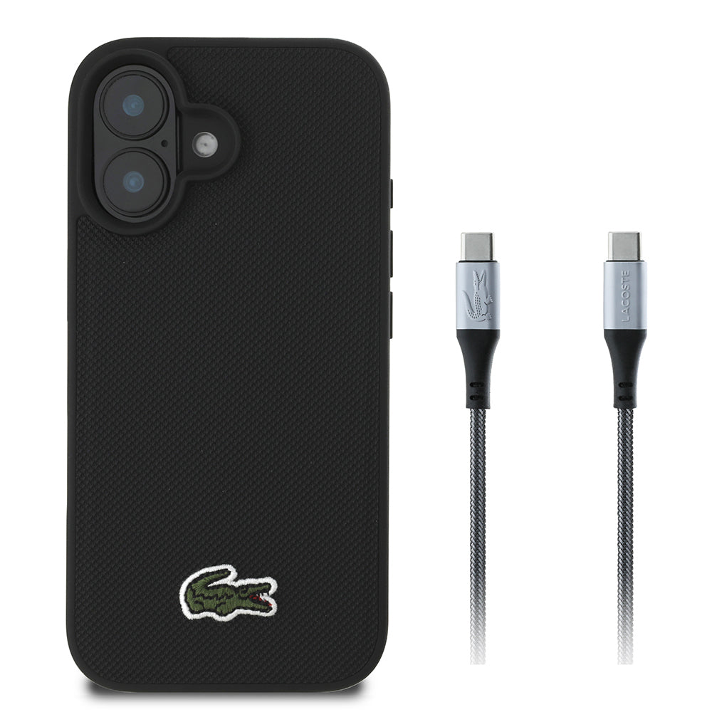 iPhone 16 Kılıf Lacoste orijinal Lisanslı PU Pike Desenli Arka Yüzey İkonik Timsah Dokuma Logolu Kılıf + Type-C Kablo 1.5m