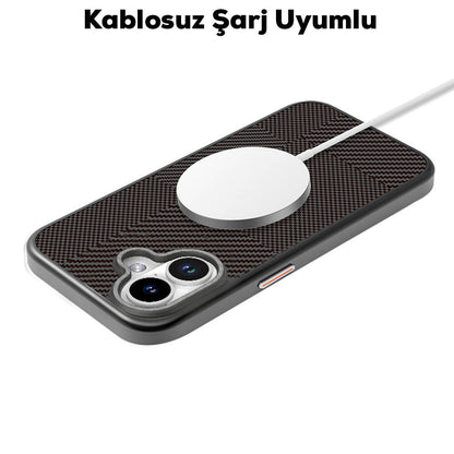 iPhone 16 Kılıf M-safe Şarj Özellikli Karbon Fiber Desenli Mutural Montage Kılıf