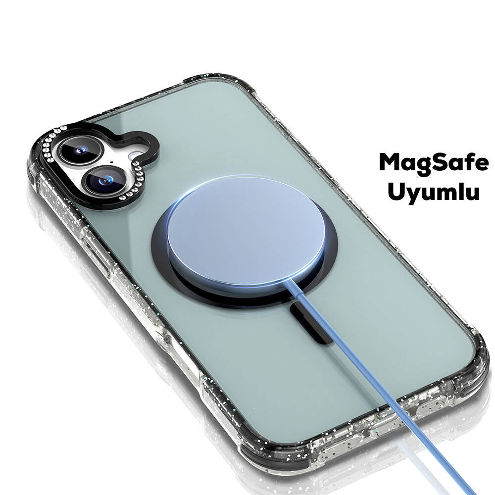 iPhone 16 Kılıf M-safe Şarj Özellikli Taşlı ve Simli Tasarım Mutural Blink Kılıf