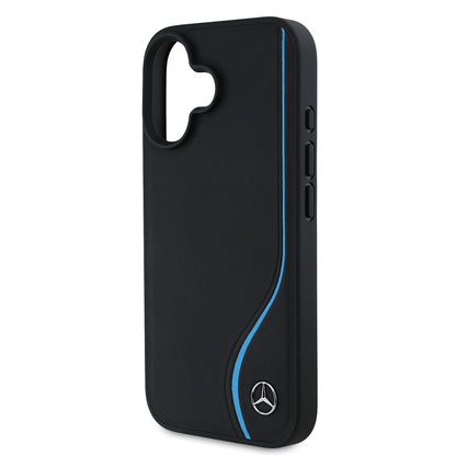 iPhone 16 Kılıf Mercedes Benz Orijinal Lisanslı M-safe Şarj Özellikli 3D Metal Logolu Mavi Dikey Eğri Çizgili Deri Kılıf