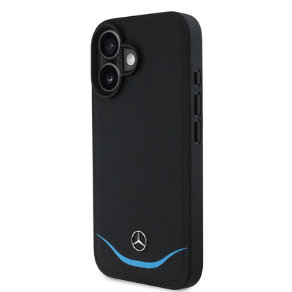 iPhone 16 Kılıf Mercedes Benz Orijinal Lisanslı M-safe Şarj Özellikli 3D Metal Logolu Mavi Yatay Eğri Çizgili Deri Kılıf