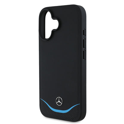 iPhone 16 Kılıf Mercedes Benz Orijinal Lisanslı M-safe Şarj Özellikli 3D Metal Logolu Mavi Yatay Eğri Çizgili Deri Kılıf