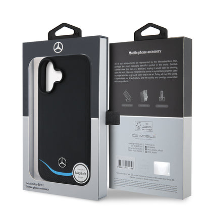 iPhone 16 Kılıf Mercedes Benz Orijinal Lisanslı M-safe Şarj Özellikli 3D Metal Logolu Mavi Yatay Eğri Çizgili Deri Kılıf