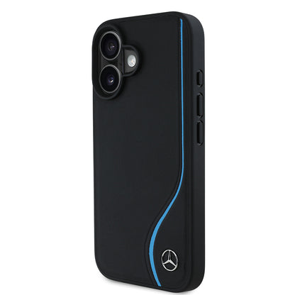 iPhone 16 Kılıf Mercedes Benz orijinal Lisanslı M-safe Şarj Özellikli 3D Metal Logolu Mavi Dikey Eğri Çizgili Deri Kılıf
