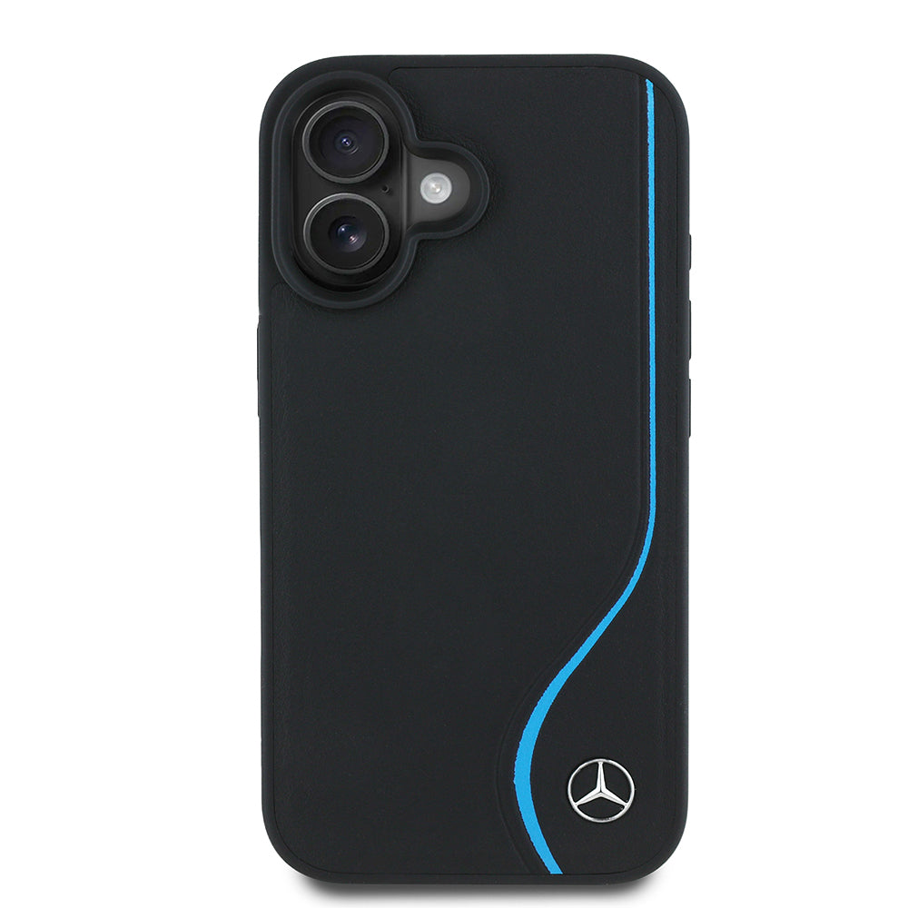 iPhone 16 Kılıf Mercedes Benz orijinal Lisanslı M-safe Şarj Özellikli 3D Metal Logolu Mavi Dikey Eğri Çizgili Deri Kılıf