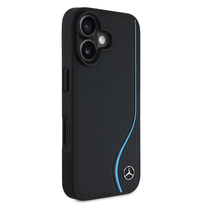 iPhone 16 Kılıf Mercedes Benz orijinal Lisanslı M-safe Şarj Özellikli 3D Metal Logolu Mavi Dikey Eğri Çizgili Deri Kılıf
