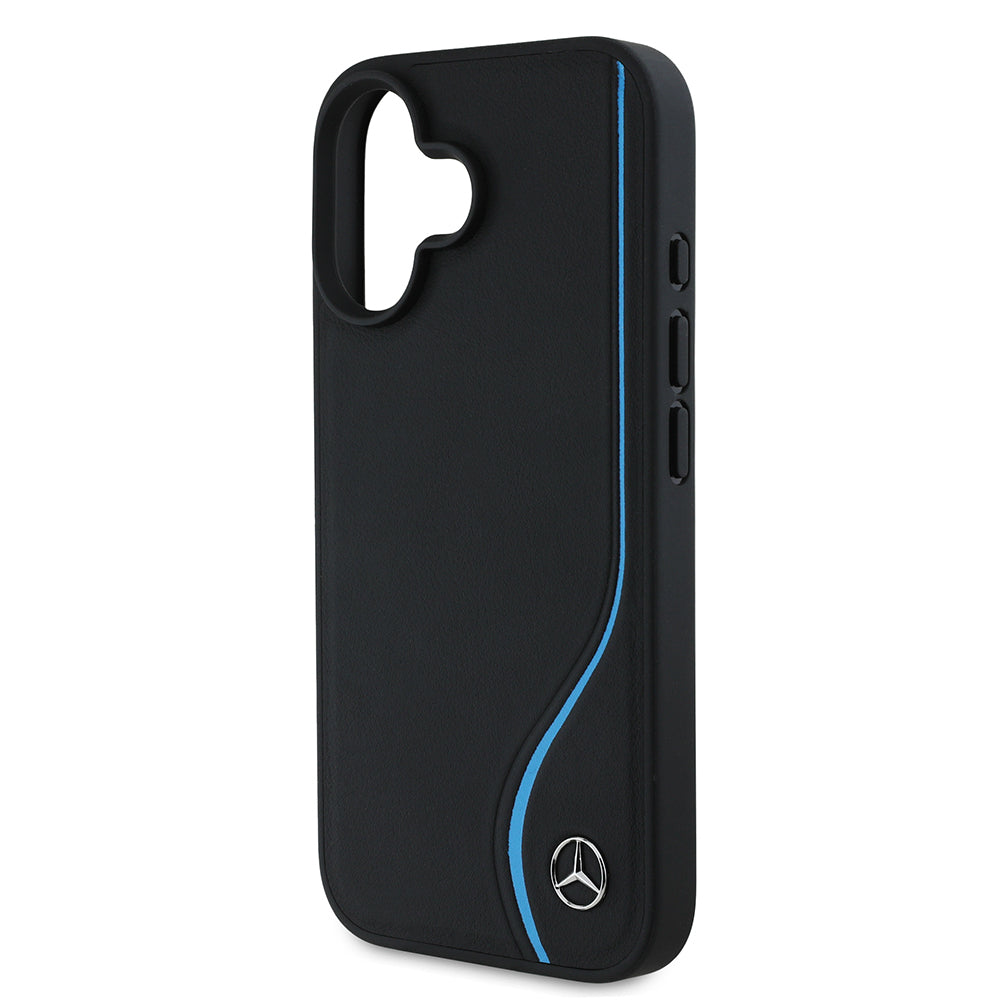 iPhone 16 Kılıf Mercedes Benz orijinal Lisanslı M-safe Şarj Özellikli 3D Metal Logolu Mavi Dikey Eğri Çizgili Deri Kılıf