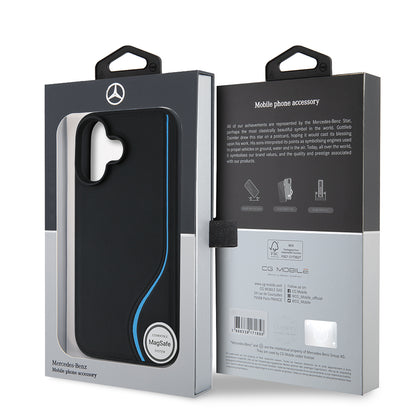 iPhone 16 Kılıf Mercedes Benz orijinal Lisanslı M-safe Şarj Özellikli 3D Metal Logolu Mavi Dikey Eğri Çizgili Deri Kılıf
