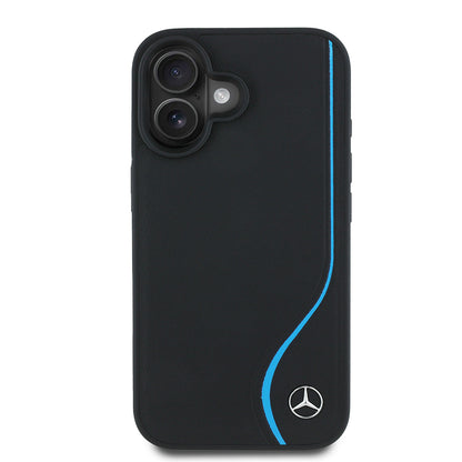 iPhone 16 Kılıf Mercedes Benz orijinal Lisanslı M-safe Şarj Özellikli 3D Metal Logolu Mavi Dikey Eğri Çizgili Deri Kılıf