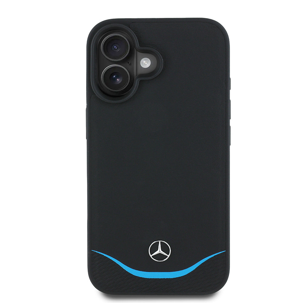 iPhone 16 Kılıf Mercedes Benz orijinal Lisanslı M-safe Şarj Özellikli 3D Metal Logolu Mavi Yatay Eğri Çizgili Deri Kılıf