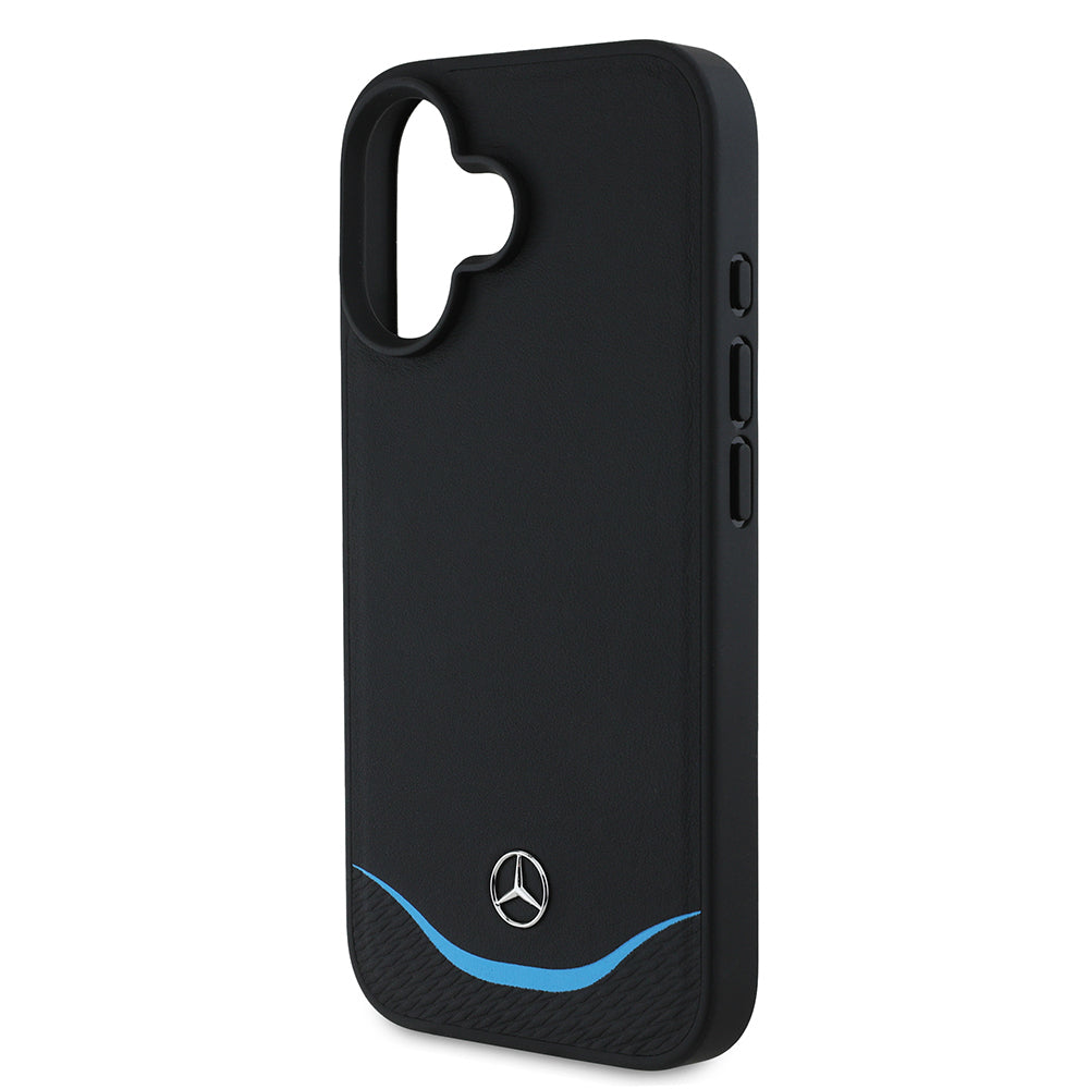 iPhone 16 Kılıf Mercedes Benz orijinal Lisanslı M-safe Şarj Özellikli 3D Metal Logolu Mavi Yatay Eğri Çizgili Deri Kılıf