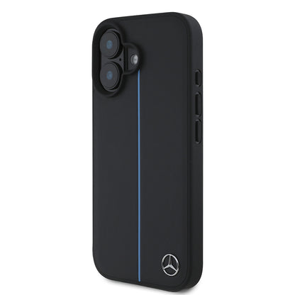 iPhone 16 Kılıf Mercedes Benz orijinal Lisanslı M-safe Şarj Özellikli Metal Yıldız Logolu Mavi Çizgili Deri Kılıf