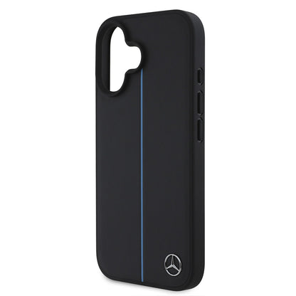 iPhone 16 Kılıf Mercedes Benz orijinal Lisanslı M-safe Şarj Özellikli Metal Yıldız Logolu Mavi Çizgili Deri Kılıf