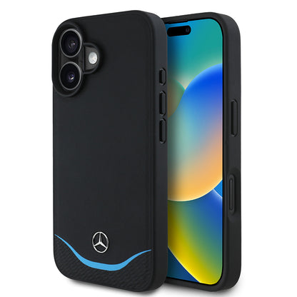 iPhone 16 Kılıf Mercedes Benz OrijinalLisanslı M-safe Şarj Özellikli 3D Metal Logolu Mavi Yatay Eğri Çizgili Deri Kılıf