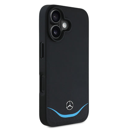 iPhone 16 Kılıf Mercedes Benz OrijinalLisanslı M-safe Şarj Özellikli 3D Metal Logolu Mavi Yatay Eğri Çizgili Deri Kılıf