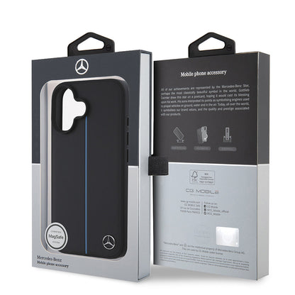 iPhone 16 Kılıf Mercedes Benz OrijinalLisanslı M-safe Şarj Özellikli Metal Yıldız Logolu Mavi Çizgili Deri Kılıf