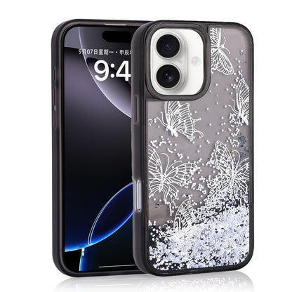 iPhone 16 Kılıf Sıvılı Simli Kelebek Baskılı Şeffaf Arka Yüzey Zore Glis Silikon Kılıf