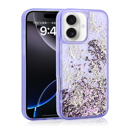 iPhone 16 Kılıf Sıvılı Simli Kelebek Baskılı Şeffaf Arka Yüzey Zore Glis Silikon Kılıf