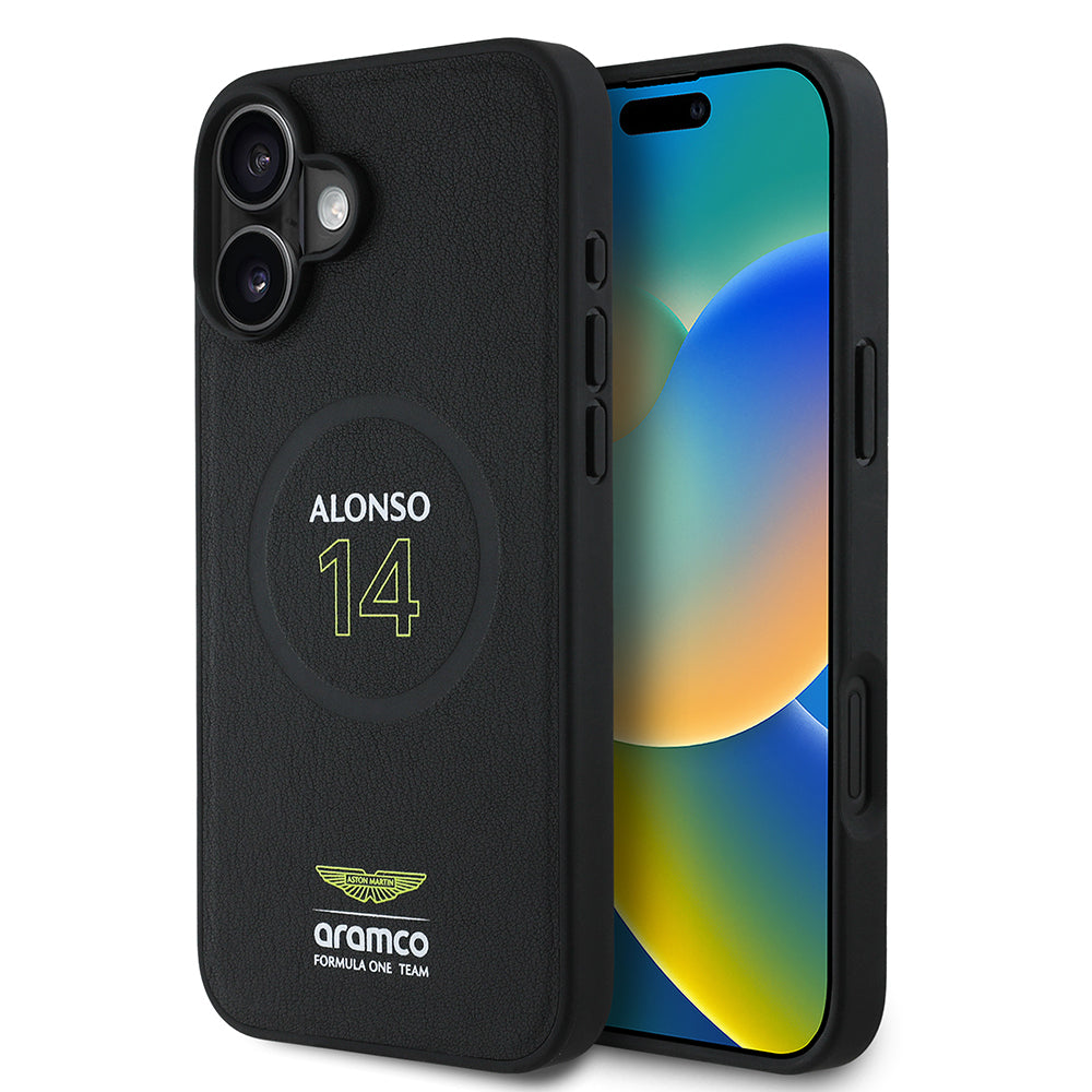 iPhone 16 Plus Kılıf Aston Martin Orijinal Lisanslı M-safe Şarj Özellikli PU Deri Alonso 14 Baskılı Kılıf