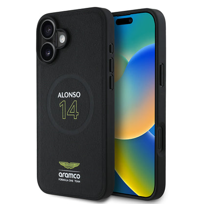iPhone 16 Plus Kılıf Aston Martin Orijinal Lisanslı M-safe Şarj Özellikli PU Deri Alonso 14 Baskılı Kılıf