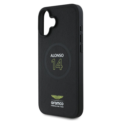 iPhone 16 Plus Kılıf Aston Martin Orijinal Lisanslı M-safe Şarj Özellikli PU Deri Alonso 14 Baskılı Kılıf
