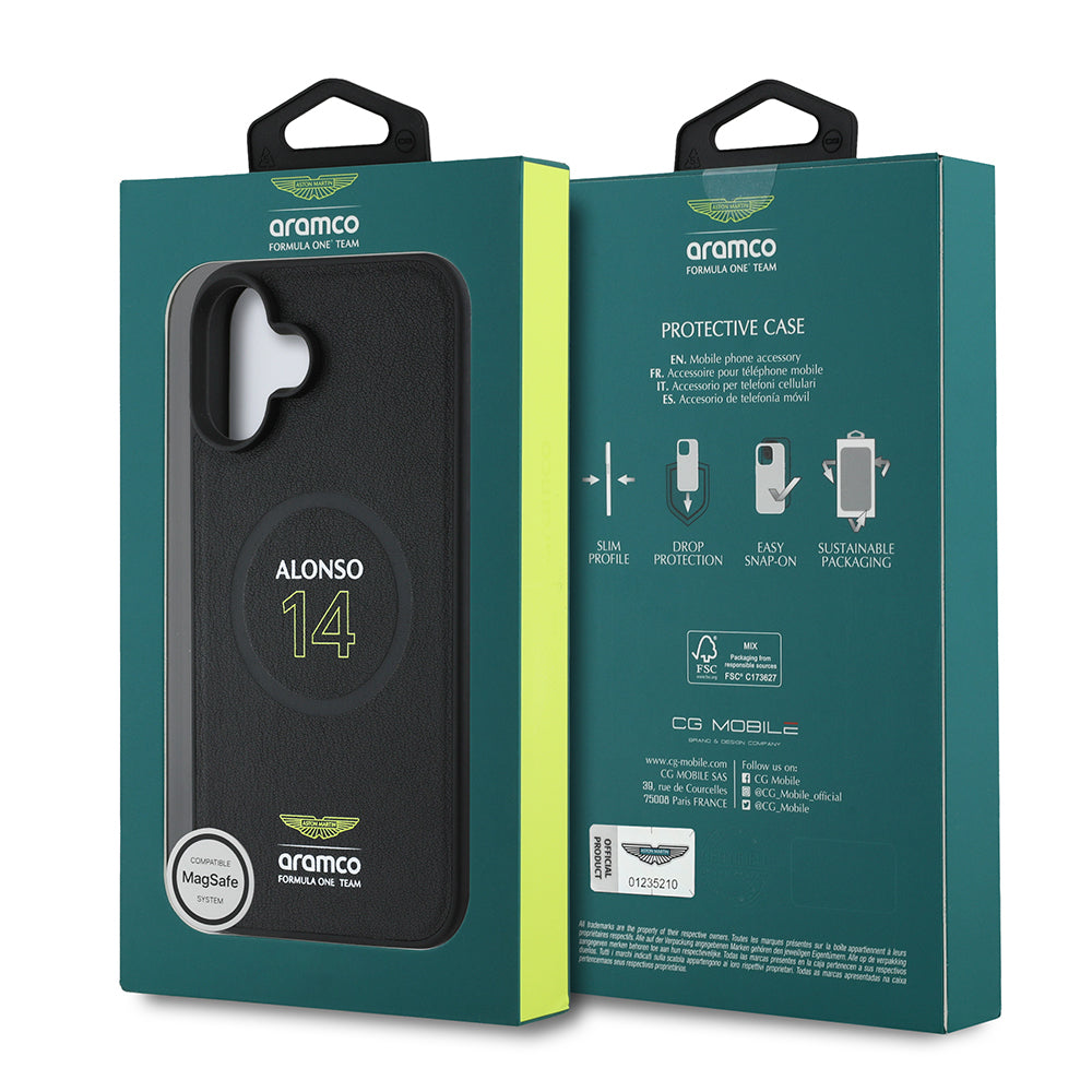 iPhone 16 Plus Kılıf Aston Martin Orijinal Lisanslı M-safe Şarj Özellikli PU Deri Alonso 14 Baskılı Kılıf