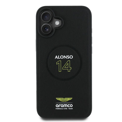 iPhone 16 Plus Kılıf Aston Martin Orijinal Lisanslı M-safe Şarj Özellikli PU Deri Alonso 14 Baskılı Kılıf