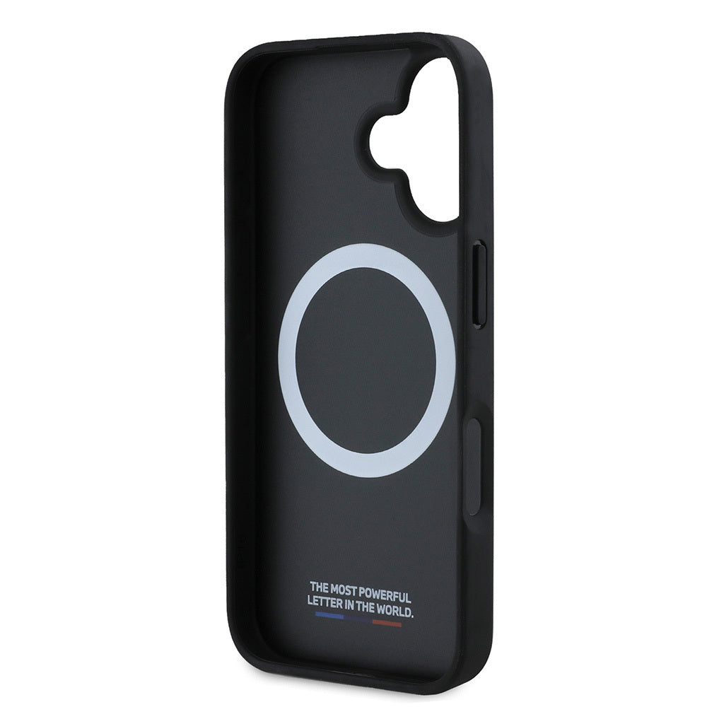 iPhone 16 Plus Kılıf BMW Orijinal Lisanslı M-safe Şarj Özellikli M Logolu Üç Çizgili Delikli Deri Kılıf