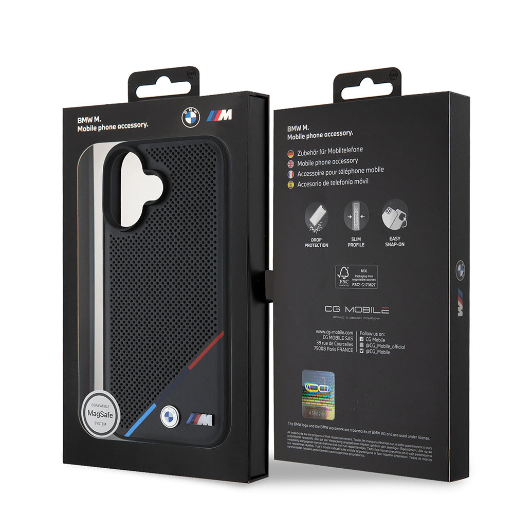 iPhone 16 Plus Kılıf BMW Orijinal Lisanslı M-safe Şarj Özellikli M Logolu Üç Çizgili Delikli Deri Kılıf