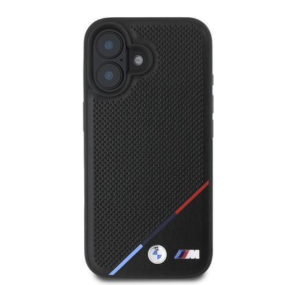 iPhone 16 Plus Kılıf BMW Orijinal Lisanslı M-safe Şarj Özellikli M Logolu Üç Çizgili Delikli Deri Kılıf