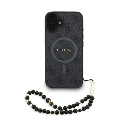 iPhone 16 Plus Kılıf Guess Orijinal Lisanslı M-safe Şarj Özellikli PU Deri Bilek Askı İpli Yazı Logolu Kılıf